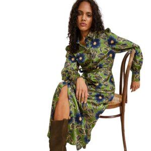 Essential By Monoprix Womens Midi Shirt Dress Green Palm Leaf Floral Satin S